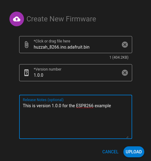 ESP8266 Quickstart firmware upload dialog