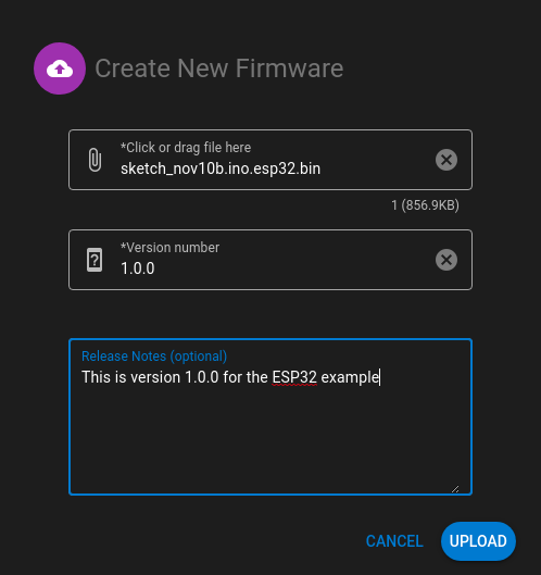 ESP32 Quickstart firmware upload dialog